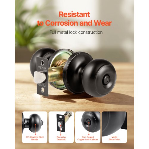 6 Pack Black Door Knobs Privacy Door Knob with Round Ball Keyless Exterior