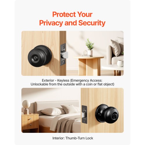 6 Pack Black Door Knobs Privacy Door Knob with Round Ball Keyless Exterior