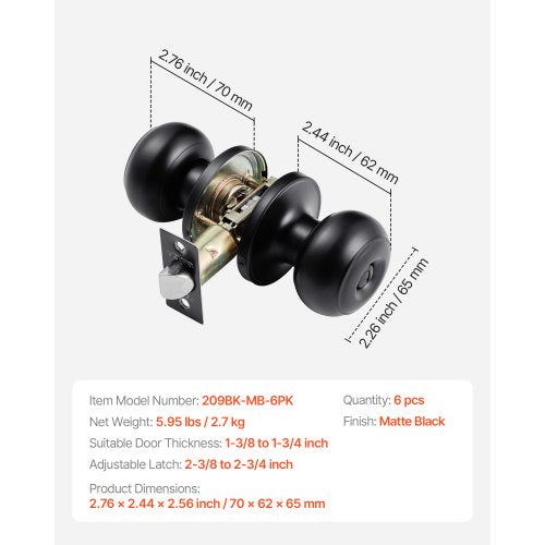 6 Pack Black Door Knobs Privacy Door Knob with Round Ball Keyless Exterior