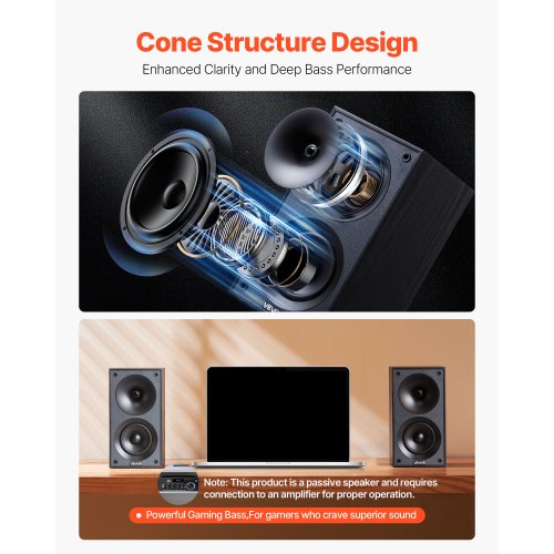 Passive Bookshelf Speaker 300W Book Shelf Stereo Speakers with 4Inch