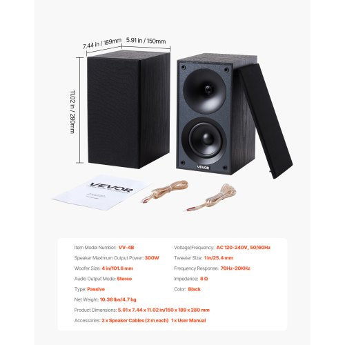 Passive Bookshelf Speaker 300W Book Shelf Stereo Speakers with 4Inch