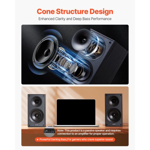 Passive Bookshelf Speaker 300W Book Shelf Stereo Speakers with 525Inch