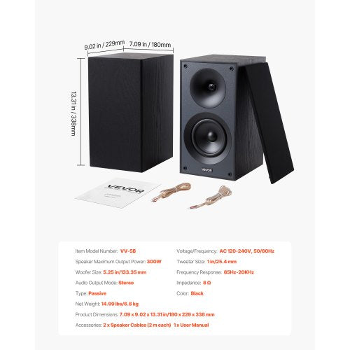 Passive Bookshelf Speaker 300W Book Shelf Stereo Speakers with 525Inch