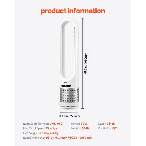 Tower Fan Bladeless 154fts Velocity Floor Fan that Blows Cold Air 80°
