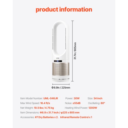 Tower Fan Bladeless 164fts Velocity Floor Fan that Blows Cold Air 80°