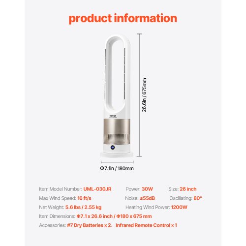 Tower Fan Bladeless 16 fts Velocity Quiet Floor Fan that Blows Cold