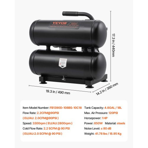 Air Compressor 4.6 Gallon Steel Tank 1HP 22 CFM90 PSI Oil Free Air