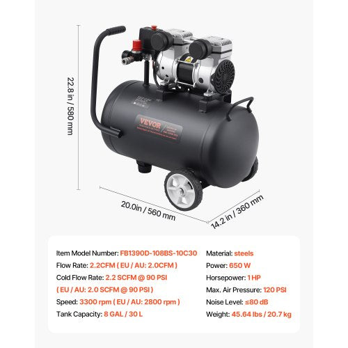 Air Compressor 8 Gallon Steel Tank 1HP 22 CFM90 PSI Oil Free Air