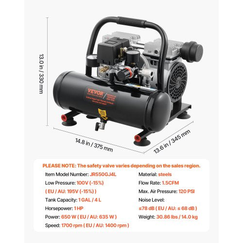 Air Compressor 1 Gallon Steel Tank 1HP 15 CFM 90PSI Oil Free Air
