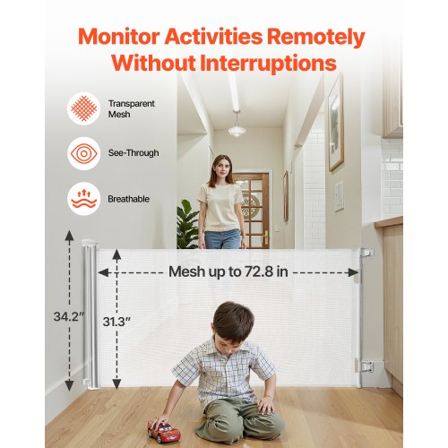 Retractable Baby Gate Extends to 72.8 inch Wide 31.3 inch Tall with Security Lock