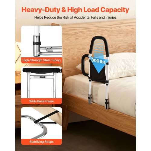 Bed Rail for Elderly Bedside Assist Rails with Side Handle and PU Handrail