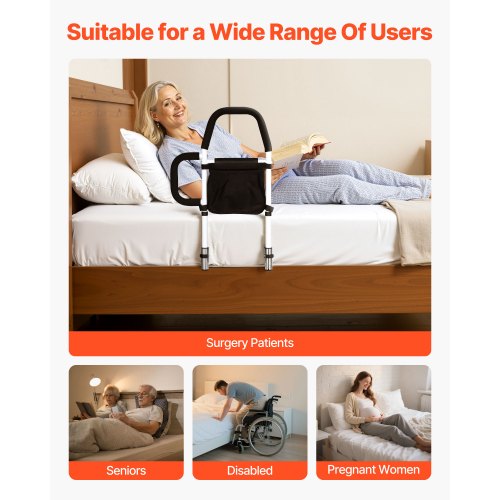 Bed Rail for Elderly Bedside Assist Rails with Side Handle and PU Handrail