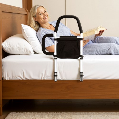 Bed Rail for Elderly Bedside Assist Rails with Side Handle and PU Handrail