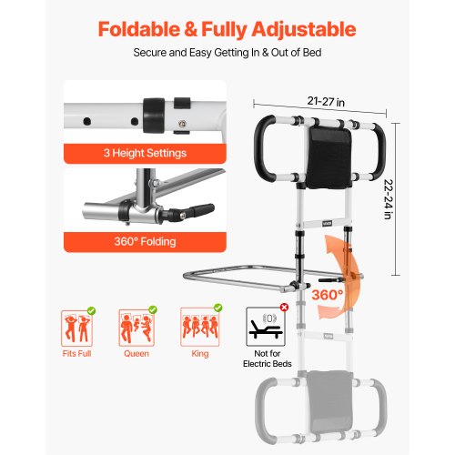 Bed Rail for Elderly Foldable Extendable Bedside Assist Rail with Side
