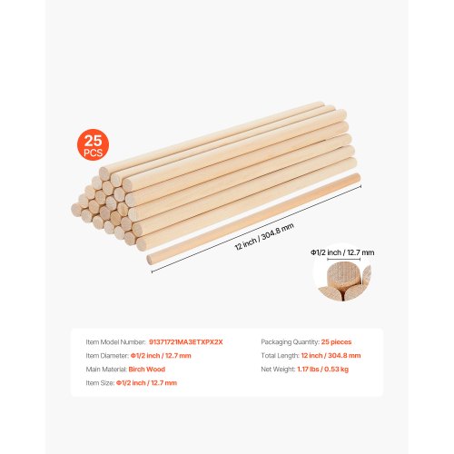 25Pcs Wooden Dowel Rods 12 x 12 Inch Natural Birch Wood Sticks Dowels