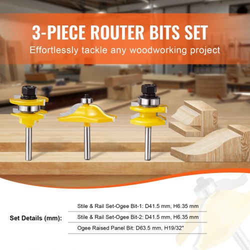 Router Bits Set 3 Pieces Carbide Router Bit Kit with 14 Inch Shank Wood
