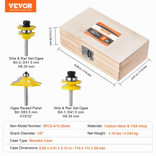 Router Bits Set 3 Pieces Carbide Router Bit Kit with 14 Inch Shank Wood