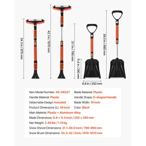 Snow Shovel and Snow Brush 42 in Extendable Snows Broom Ice Scraper with 180°
