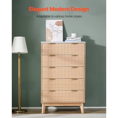 5 Fluted Drawer Dresser Wooden Chest of Drawers with Sliding Antitip