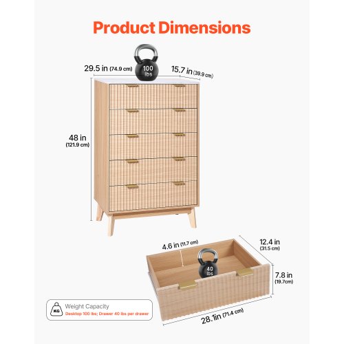 5 Fluted Drawer Dresser Wooden Chest of Drawers with Sliding Antitip