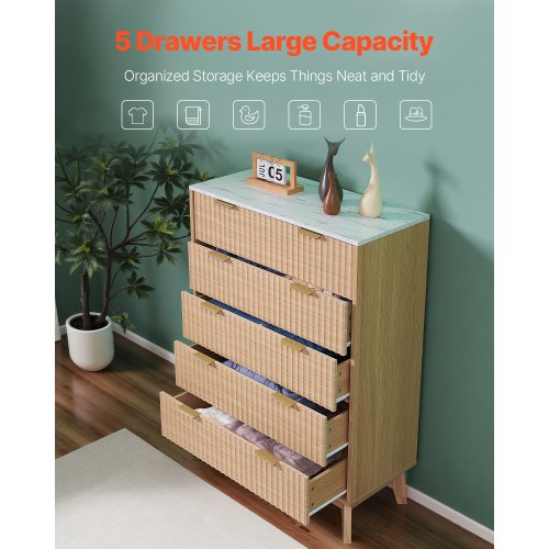 5 Fluted Drawer Dresser Wooden Chest of Drawers with Sliding Antitip