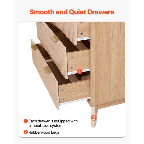 5 Fluted Drawer Dresser Wooden Chest of Drawers with Sliding Antitip