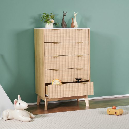 5 Fluted Drawer Dresser Wooden Chest of Drawers with Sliding Antitip