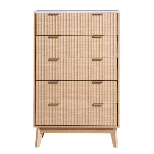 5 Fluted Drawer Dresser Wooden Chest of Drawers with Sliding Antitip