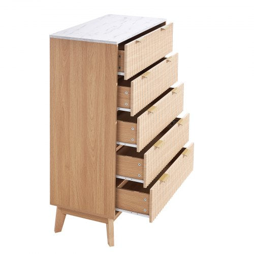 5 Fluted Drawer Dresser Wooden Chest of Drawers with Sliding Antitip