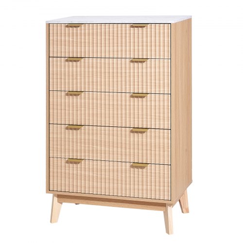 5 Fluted Drawer Dresser Wooden Chest of Drawers with Sliding Antitip