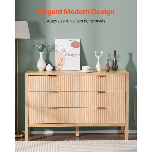 6 Fluted Drawer Dresser Wooden Chest of Drawers with Sliding Antitip