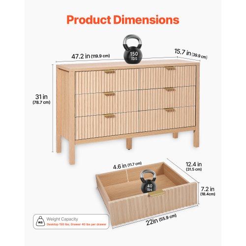6 Fluted Drawer Dresser Wooden Chest of Drawers with Sliding Antitip