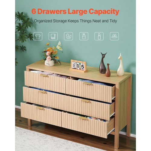 6 Fluted Drawer Dresser Wooden Chest of Drawers with Sliding Antitip