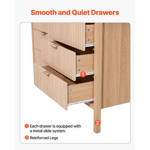6 Fluted Drawer Dresser Wooden Chest of Drawers with Sliding Antitip