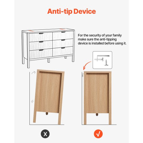 6 Fluted Drawer Dresser Wooden Chest of Drawers with Sliding Antitip