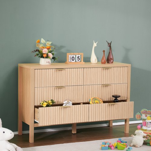 6 Fluted Drawer Dresser Wooden Chest of Drawers with Sliding Antitip