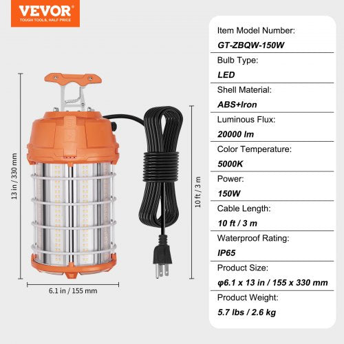 LED Portable Work Lamp 150W 20000lm 5000K Durable WaterResistant