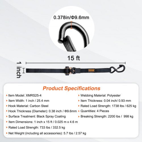 Ratchet Tie Down Straps 4PK 2200 lb Max Break Strength Includes 4