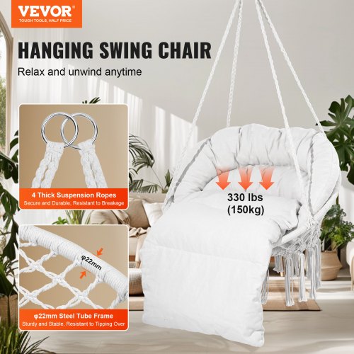 Hanging Hammock Swing Chair 330 Lbs Capacity Macramé Hanging Chair with Cushion