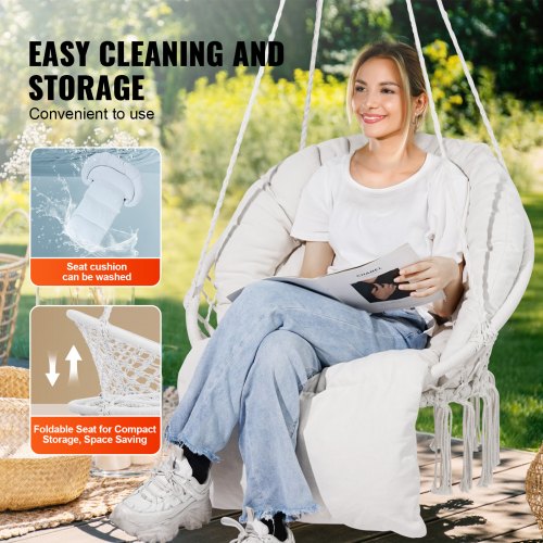 Hanging Hammock Swing Chair 330 Lbs Capacity Macramé Hanging Chair with Cushion
