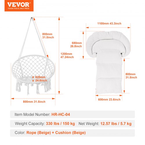 Hanging Hammock Swing Chair 330 Lbs Capacity Macramé Hanging Chair with Cushion