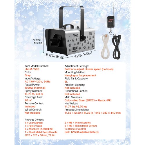 Snow Machine 1500W HandheldHanging Snow Maker By Wireless Remote Control