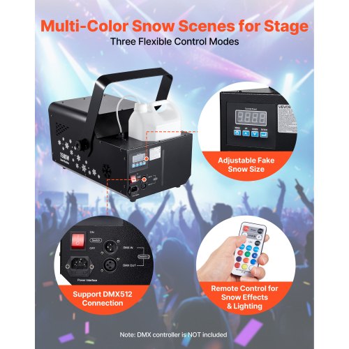 1500W Snow Machine with RGB DMX512 Signal Control 9 LED Lights Wireless