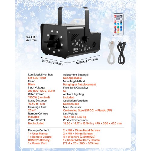 1500W Snow Machine with RGB DMX512 Signal Control 9 LED Lights Wireless