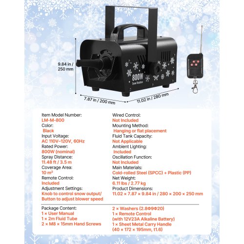 Snow Machine 800W HandheldHanging Snow Maker Portable Wireless Remote