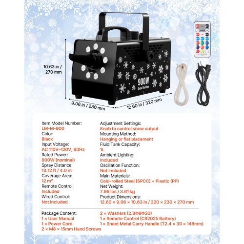 900W Snow Machine with 9 LED RGB Lights 12 LED Lighting Colors and Wireless