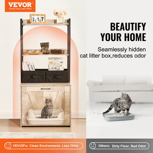 Cat Litter Box Enclosure Hidden Litter Box Furniture with 2 Storage Shelves
