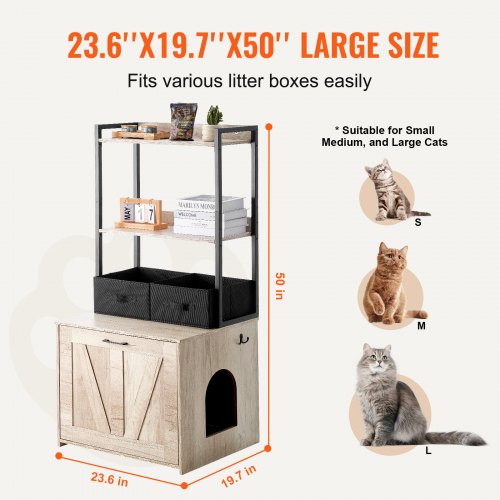 Cat Litter Box Enclosure Hidden Litter Box Furniture with 2 Storage Shelves