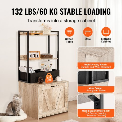 Cat Litter Box Enclosure Hidden Litter Box Furniture with 2 Storage Shelves