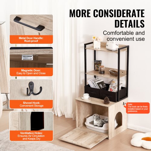 Cat Litter Box Enclosure Hidden Litter Box Furniture with 2 Storage Shelves